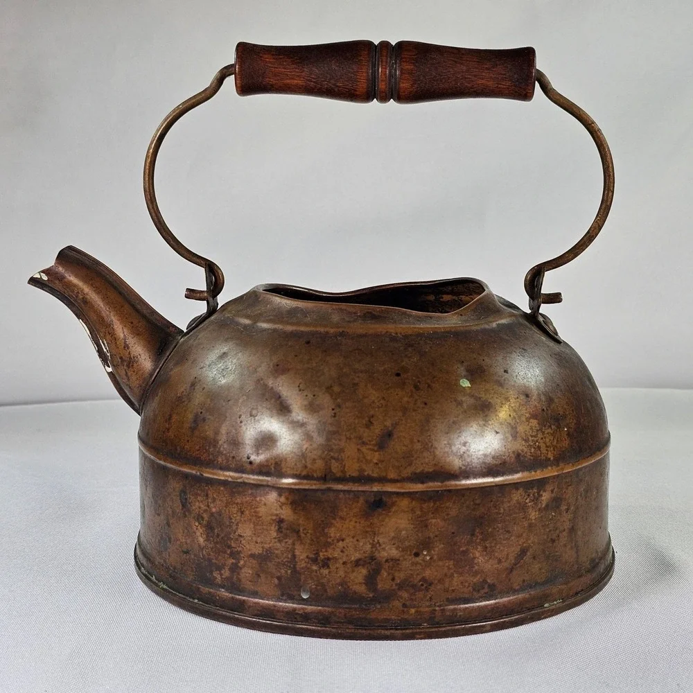Antique Copper Tea Kettle Wood Handle Primitive Farmhouse Decor Rustic Patina